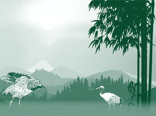 two cranes in mountaines on cyan background