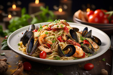 Food photography, editorial photography, close-up of spaghetti ai frutti di mare, delicious italian pasta, mussels, shrimps, squid, clams, seafood, white blurred background, ai generated, AI.