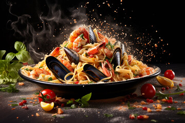 Food photography, editorial photography, close-up of spaghetti ai frutti di mare, delicious italian pasta, mussels, shrimps, squid, clams, seafood, white blurred background, ai generated, AI.