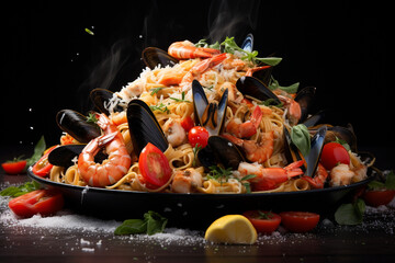 Food photography, editorial photography, close-up of spaghetti ai frutti di mare, delicious italian pasta, mussels, shrimps, squid, clams, seafood, white blurred background, ai generated, AI.