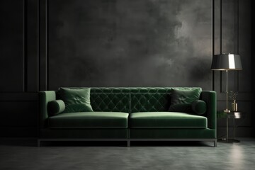 Modern dark living room interior with green couchpillows