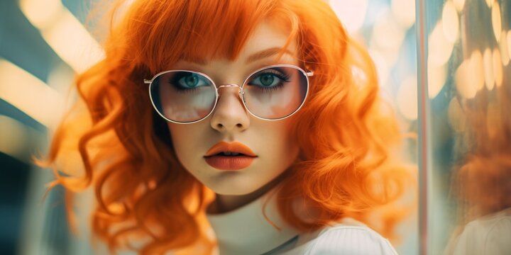 Redhead Model Dressed In White With Glasses Looking At The Camera In A Russian Spy-style Movie, Blurred Lights In The Background