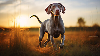 Weimaranian hunting dog in field with pheasants. Nice lighting, dog photography,hunting, hunting breeds, working dog. Weimaraner. Generative Content.