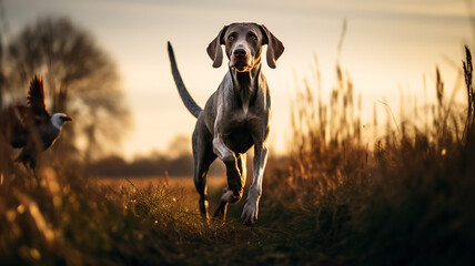 Weimaranian hunting dog in field with pheasants. Nice lighting, dog photography,hunting, hunting breeds, working dog. Weimaraner. Generative Content.