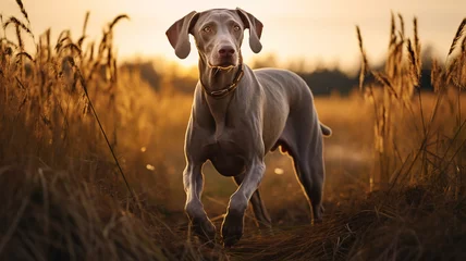 Foto auf Acrylglas Weimaranian hunting dog in field with pheasants. Nice lighting, dog photography,hunting, hunting breeds, working dog. Weimaraner. Generative Content. © Slothland Studio