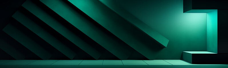 futuristic interior room in green with geometric shapes and lights. empty space for text and product placement