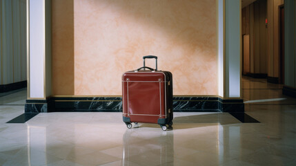 Luxury suitcases in a stylish butique hotel lobby. Vacation concept and luxury travel.