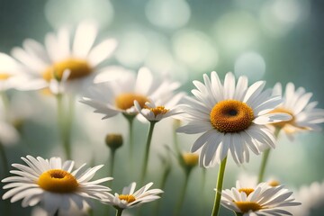 White daisies are pretty flowers that people often give as a present on Mother's Day. In the picture, the flowers are shown close with a blurry background.. Creative resource, AI Generated
