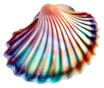 Isolated seashell scallop multicolor iridescent, computer generated illustration for use as decoration element