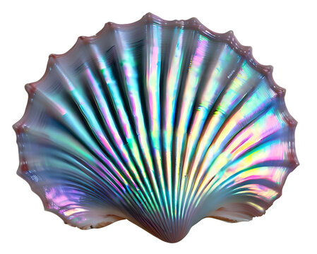 Isolated seashell scallop multicolor iridescent, computer generated illustration for use as decoration element