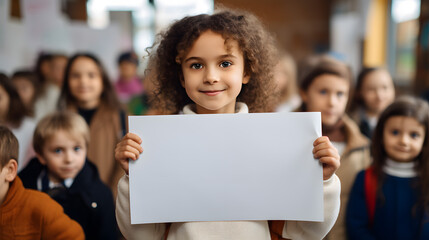 niña latina sosteniendo un cartel blanco con espacio para texto - obrazy, fototapety, plakaty