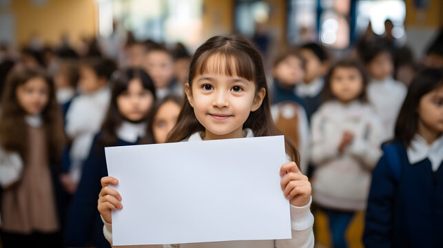 niña asiática sosteniendo un cartel blanco con espacio para texto