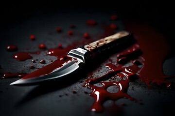 A scary crime scene is shown with a bloody knife on a dark surface, AI Generated