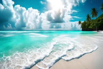 This is a pretty beach in a hot place with smooth, pale sand and really clear, blue-green water.. Creative resource, AI Generated