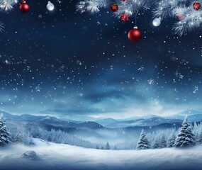Fototapeta na wymiar Christmas (New Year) background with Christmas trees and snow and Christmas balls at the top