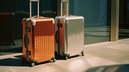 Travel and Fashion. Luxyry luggage, metal roller suitcases on Airport terminal. Waiting at terminal.