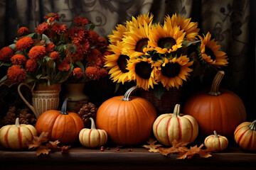 Naklejka na ściany i meble Autumn Harvest, Vibrant Pumpkins, Sunflowers, and Falling Leaves
