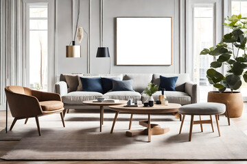 Fototapeta premium A round wooden coffee table with a art work mockup&nbsp;frame is placed next to a sofa and an armchair against a window and a wall. Scandinavian living room interior design