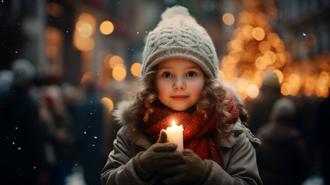 Portrait of a girl toddler child standing outside at a Christmas market and holding a candle, christmas carol and lights in the background,  winter snow nativity white Christmas Holidays