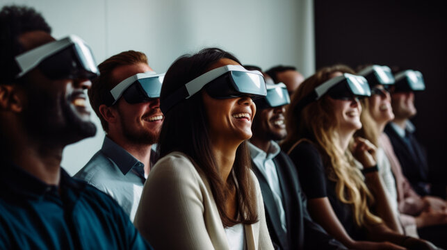 Multiethnic Business team using virtual reality headset on Zoom meeting. Conference using VR glasses.