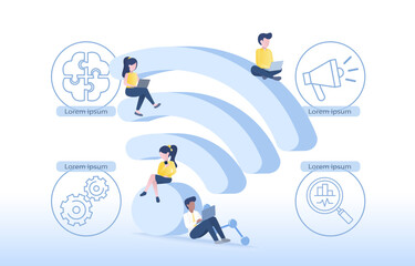 Wifi technology, network and connection concept. Business people working, planning, thinking, brainstorming, sharing online. Flat vector design illustration with icons.
