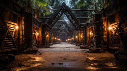 Inside view of the central entrance gate of a palisade fortification for an ancient Batavian warrior settlement in Florida at night. The wooden gate is massive and decorated with tribal Batavian symbo - obrazy, fototapety, plakaty