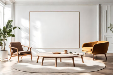 A round wooden coffee table with a art work mockup frame is placed next to a sofa and an armchair against a window and a wall. Scandinavian living room interior design