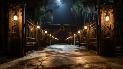 Fototapeta na wymiar Inside view of the central entrance gate of a palisade fortification for an ancient Batavian warrior settlement in Florida at night. The wooden gate is massive and decorated with tribal Batavian symbo