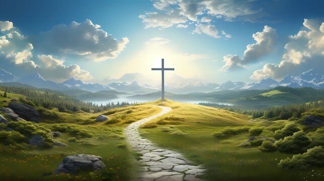 Kurviger Weg zu einem Kreuz am Horizont mit Sonne am Himmel und Wolken