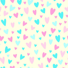 Hand drawn doodle hearts on a background seamless pattern. Valentine`s day theme.Vector illustration.