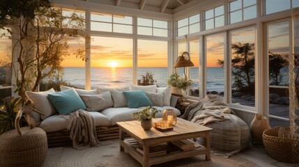 The interior of a fantastically beautiful beach house with the French doors and view of the sea at sunset.