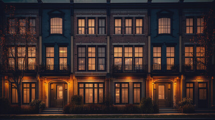 Townhouses facade with illuminated windows in dusk. Modern residential houses in luxury neighborhood.