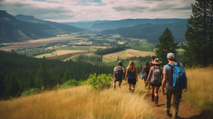 friends walking in mountains