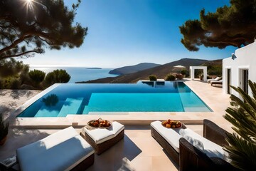Fototapeta premium White house typical of the Mediterranean style with a pool on a hill with an amazing sea view. Background of the summer holiday