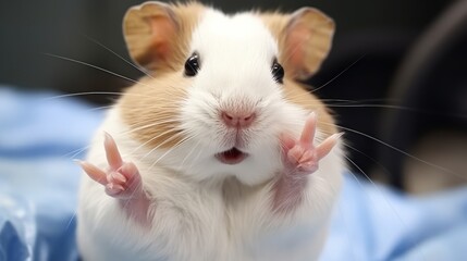 A cute white and blond hamster doing two finger selfie pose, victory sign - obrazy, fototapety, plakaty