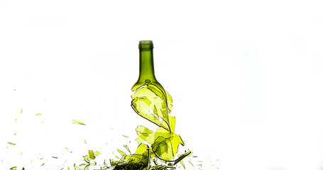 Bottle of White Wine Breaking and Splashing against White Background