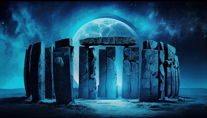 Stonehedge artwork on another blue planet, fiction moon on a background 