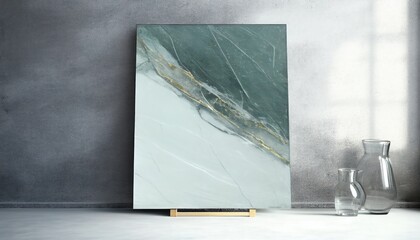 Abstract marble tile texture sample standing on a grey interior wall 