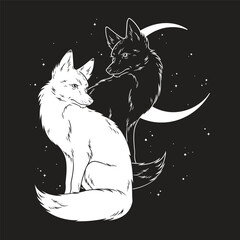Two foxes over night sky with crescent moon hand drawn line art gothic tattoo design isolated vector illustration