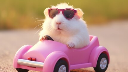 A cute white hamster wearing pink sunglasses driving a pink toy car