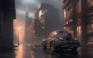 Futuristic Dystopia: Steampunk Car in Empty Street