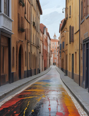 Fototapeta na wymiar Painting of empty European city street