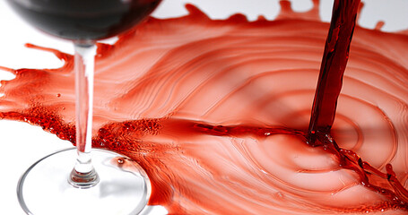 Red Wine being poured into Glass, against White Background