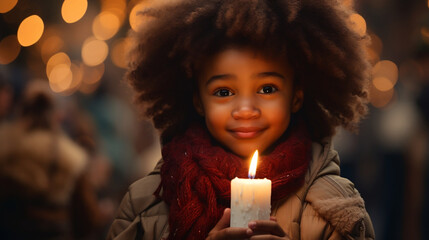 A black girl toddler child with an afro and red scarf at a Christmas market and holding a candle,...