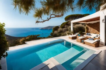 White house typical of the Mediterranean style with a pool on a hill with an amazing sea view. Background of the summer holiday