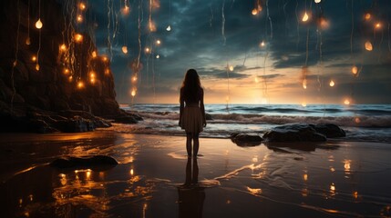 A person stands alone on the beach, waves crashing against the shore, the sky overhead adorned with stars. Their gaze holds a mix of longing and resignation for the past. - obrazy, fototapety, plakaty