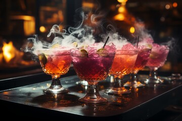 Cocktails in dark colors with smoke or dry ice effects.  - obrazy, fototapety, plakaty