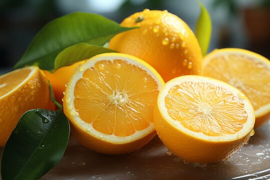 Tangerine Slices: Freshly cut tangerine on a light background. 