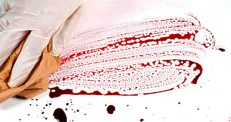 Gloved hand that wipes blood against White Background