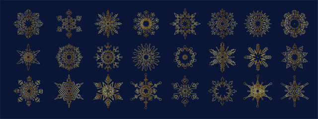 Collection of golden snowflakes for festive Christmas, New Year decorations. Vector graphics.